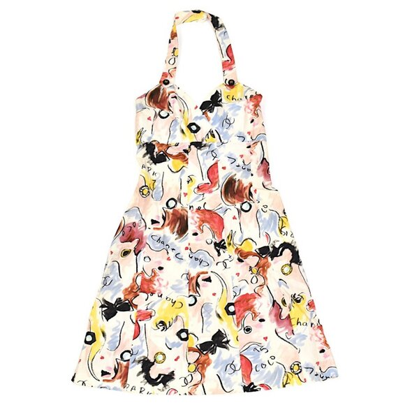Authentic CHANEL Vintage 1995 CC Halter Neck Comic Print Swimsuit Flare Dress - Picture 1 of 8